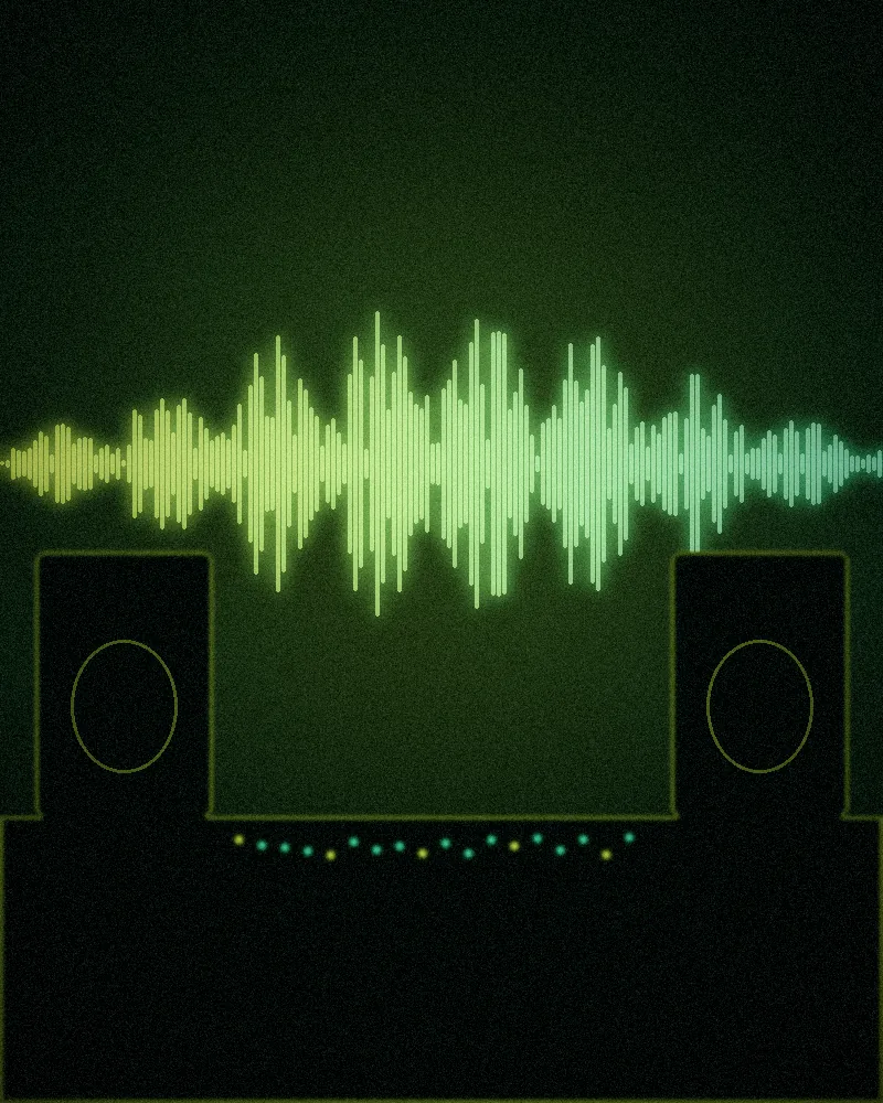 Studio monitors under a glowing waveform